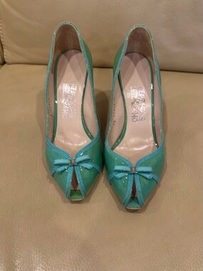 Salvatore Ferragamo Mint Green Patent Peep-Toe Pumps with Bow Accent